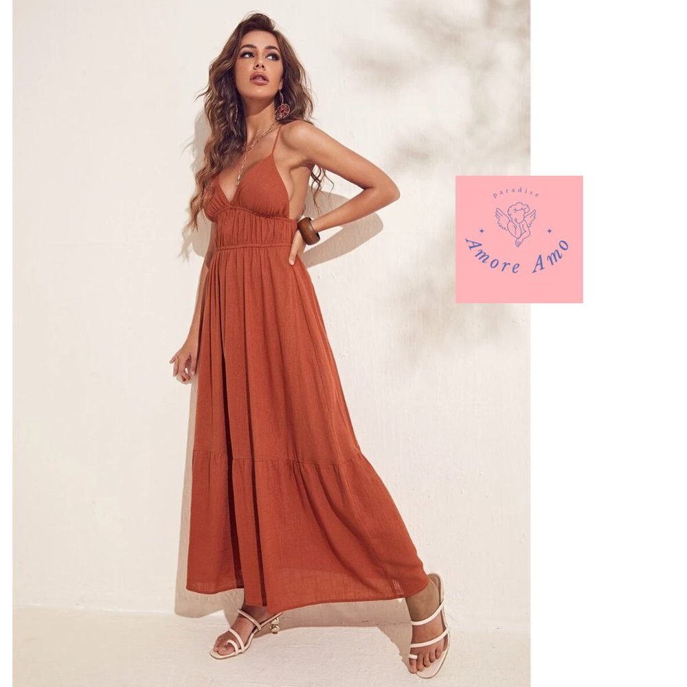 Dover Dress 🌸 Brunt Beach Ruffle Max Backless Goddess Dress